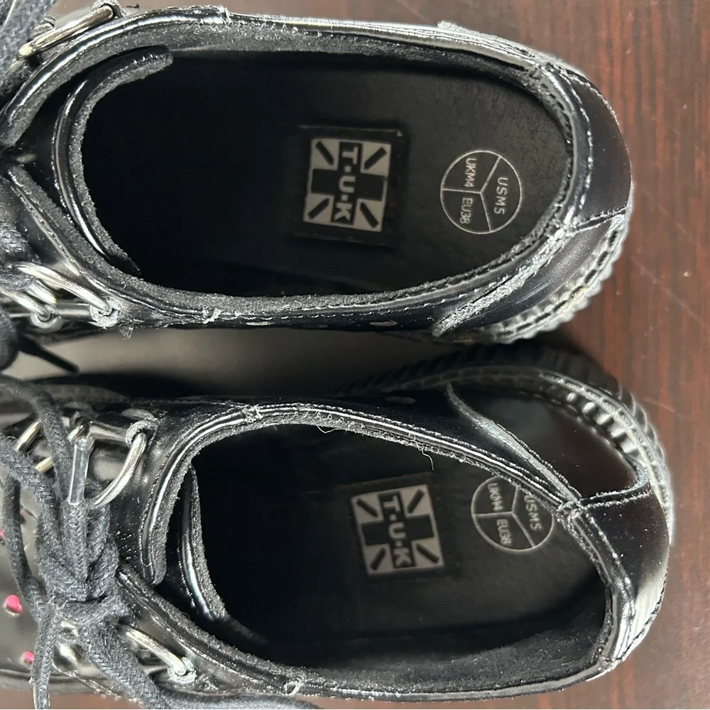 tuk Black Platform Creepers with Pink Heart Cutouts